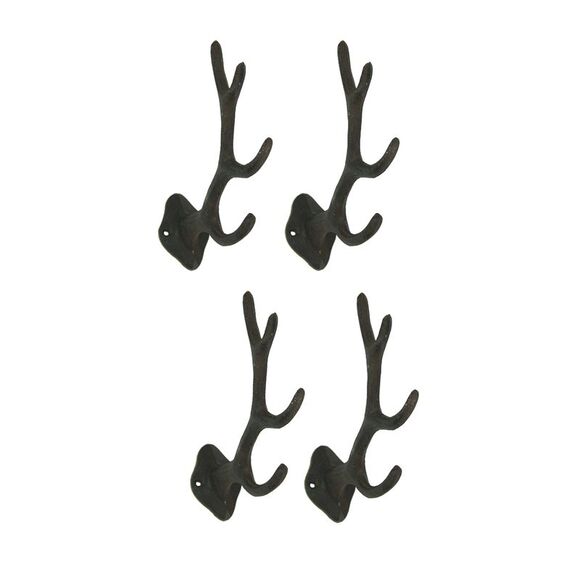 Rustic Brown Cast Iron Antler Wall Hooks Set of 4 - Picture 1 of 2